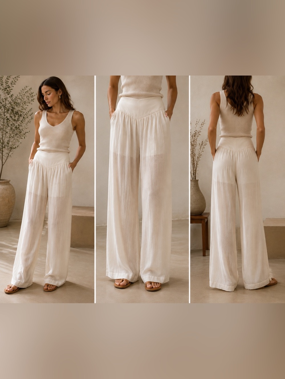 INTERMIX Linen Viscose Wide Leg Pants M Ivory Sheer Draped Made in New York
